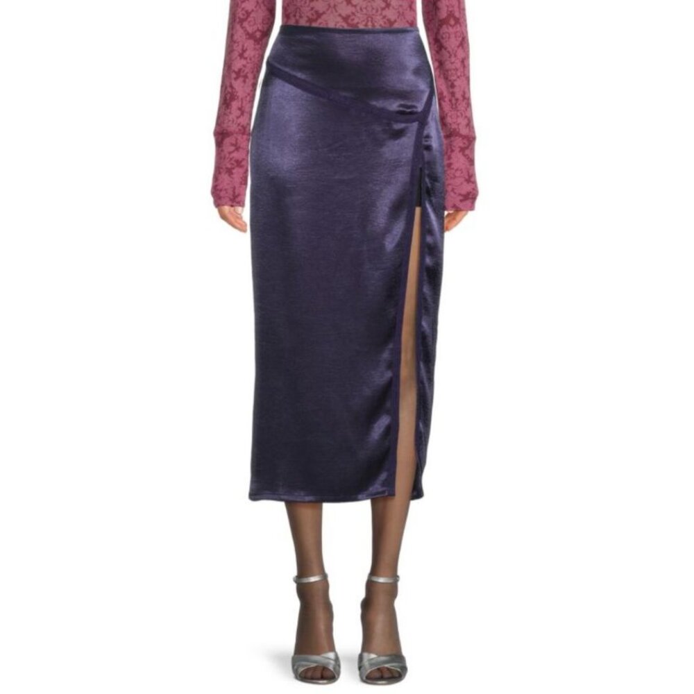 NWT FREE PEOPLE Dakota Navy Side Slit Satin Midi Skirt Sz 4